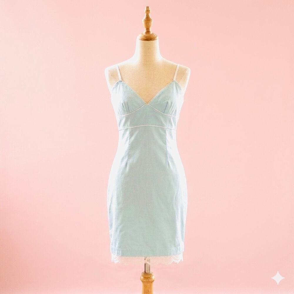 Y2K Vintage Tiffany’s and Co Blue Lace Trim Midi Bodycon Slip Dress Coquette
